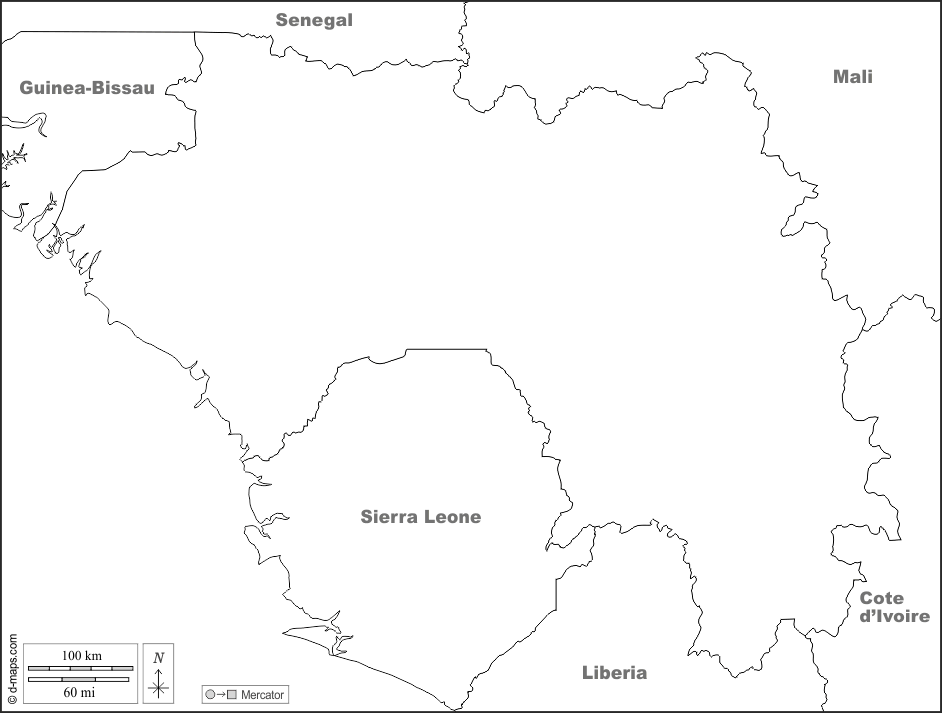 几内亚 : d-maps.com: 免费地图, 免费的空白地图, 免费的轮廓地图, 免费基地地图 : 边界, 名称, 白