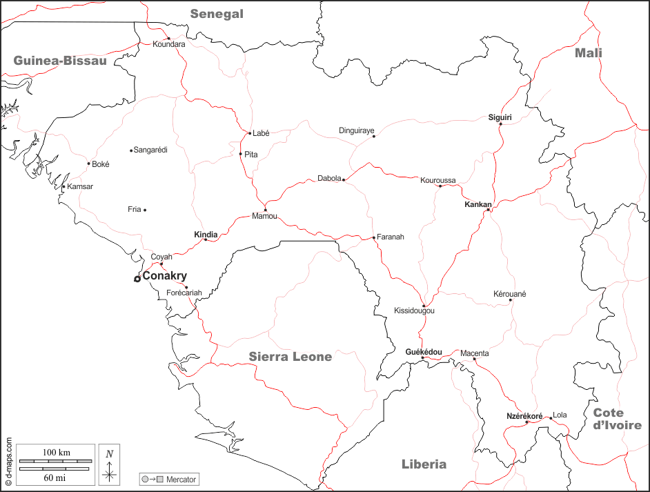 几内亚 : d-maps.com: 免费地图, 免费的空白地图, 免费的轮廓地图, 免费基地地图 : 边界, 主要城市, 道路, 名称, 白