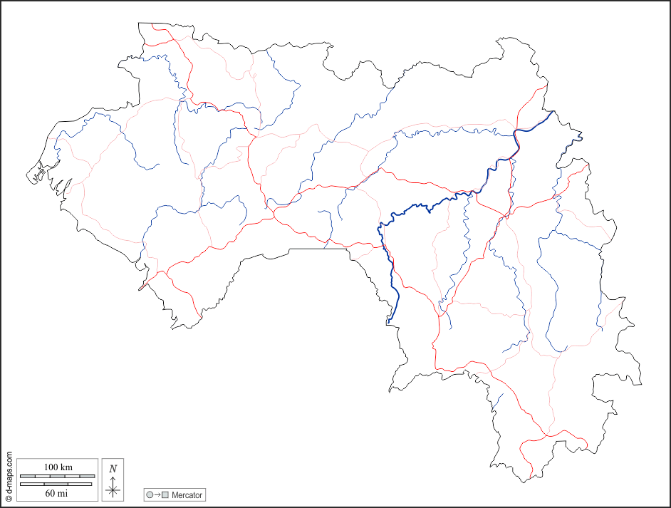 Guiné : d-maps.com: mapa livre, mapa em branco livre, mapa livre do esboço, mapa básico livre
 : contornos, hidrografia, estradas, branco
