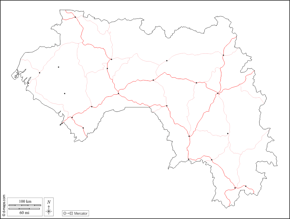 Гвинея : d-maps.com: Бесплатная карта, бесплатная карта, свободная карта, Бесплатная базовая карта
 : контур, Главные города, дорог, Белый