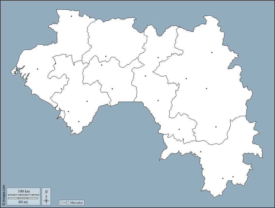 Guiné : d-maps.com: mapa livre, mapa em branco livre, mapa livre do esboço, mapa básico livre
 : contornos, cantões, principais cidades