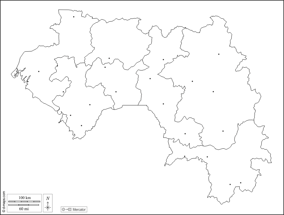 Guiné : d-maps.com: mapa livre, mapa em branco livre, mapa livre do esboço, mapa básico livre
 : contornos, cantões, principais cidades, branco