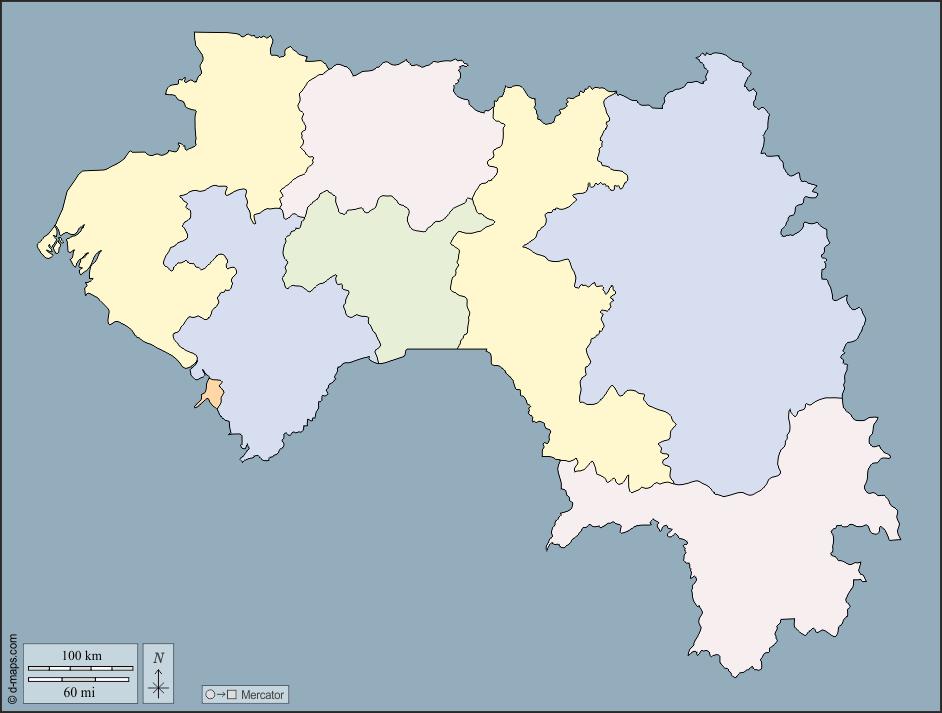 Guinea : d-maps.com: free map, free blank map, free outline map, free base map : outline, cantons, color
