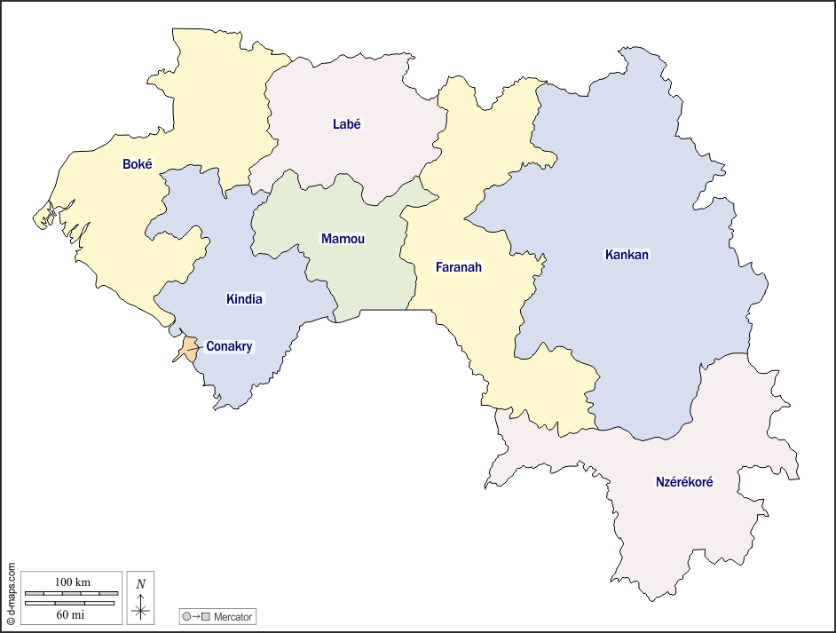 Guinée : d-maps.com: carte géographique gratuite, carte géographique muette gratuite, carte vierge gratuite, fond de carte gratuit, formats graphiques courants : contours, cantons, noms, couleur, blanc