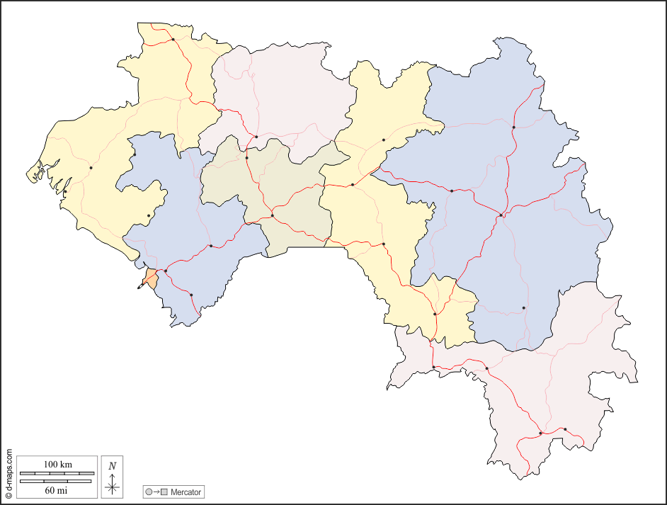 Guinea : d-maps.com: Kostenlose Karten, kostenlose stumme Karte, kostenlose unausgefüllt Landkarte, kostenlose hochauflösende Umrisskarte : Umrisse, Kantone, Wichtige Städte, Straßen, Farbe, weiß