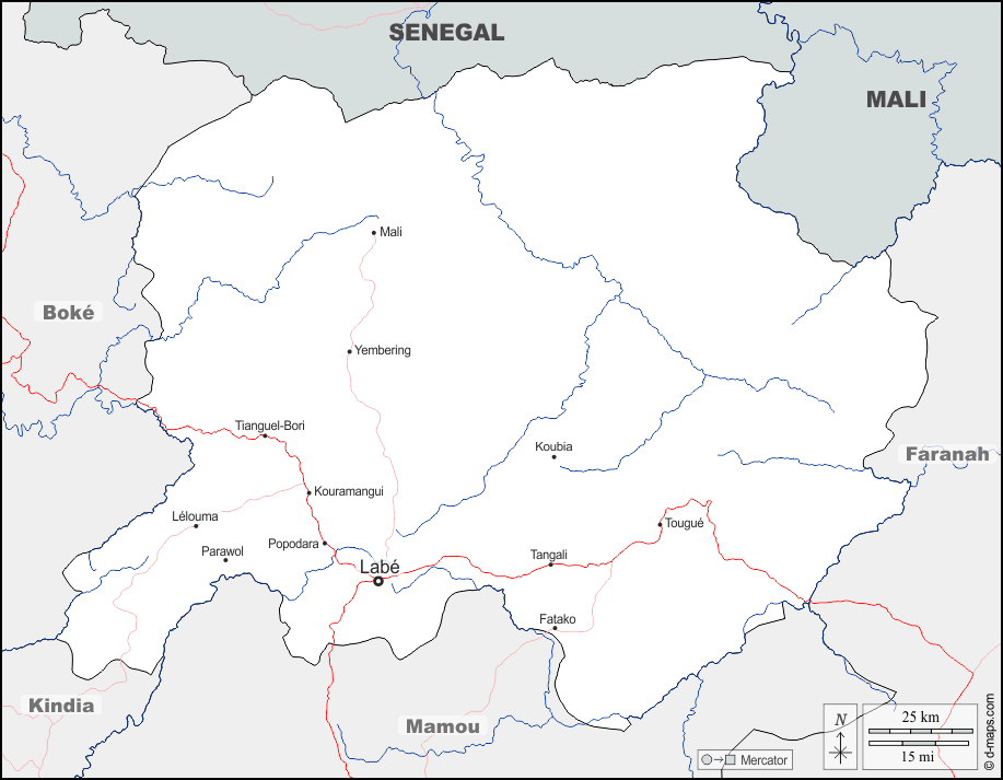 Labé Region : d-maps.com: free map, free blank map, free outline map, free base map : boundaries, hydrography, main cities, roads, names