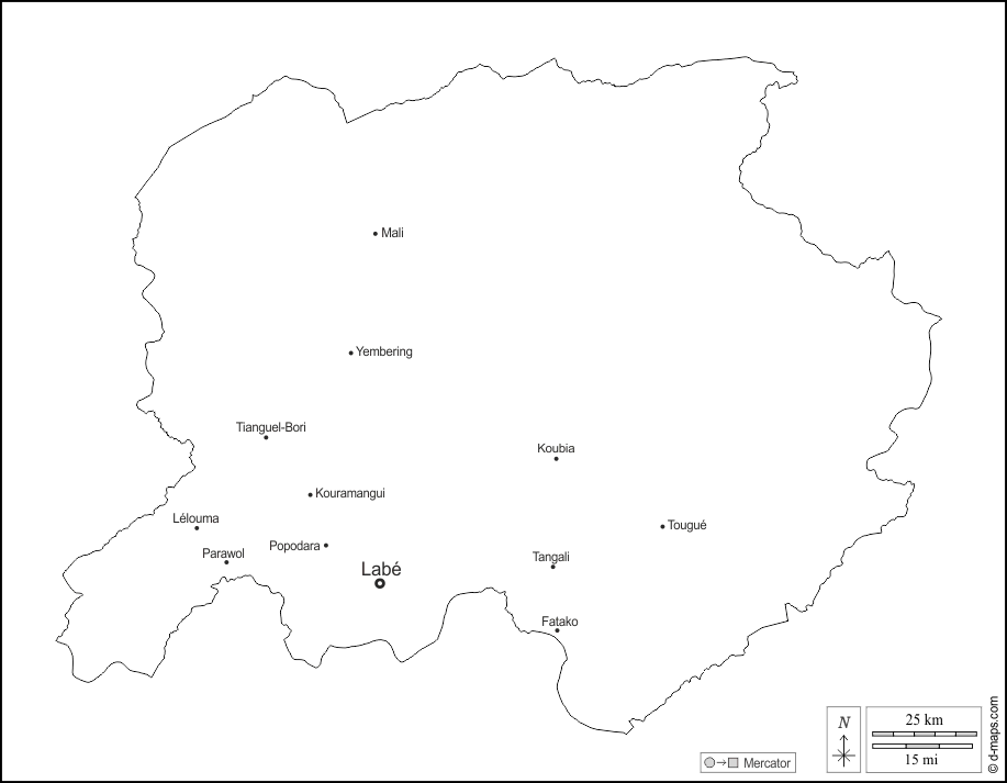 Labé Region : d-maps.com: free map, free blank map, free outline map, free base map : outline, main cities, names, white