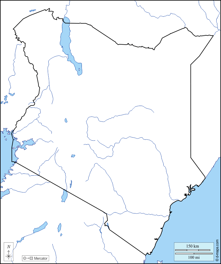 Kenya : d-maps.com: free map, free blank map, free outline map, free base map : coasts, limits, hydrography