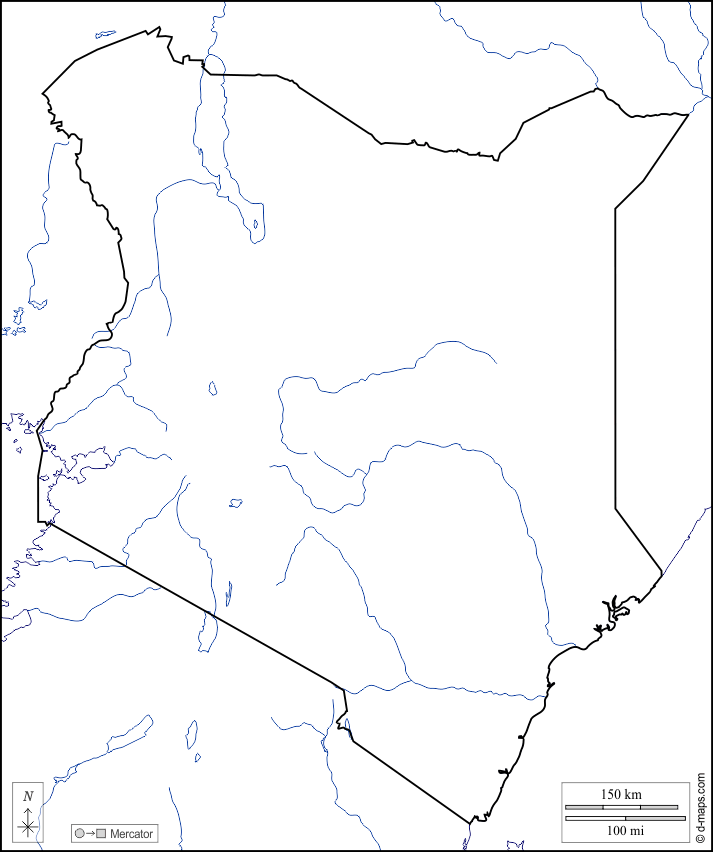Kenya : d-maps.com: mappa gratuita, mappa muta gratuita, cartina muta gratuita : litorali, limiti, idrografia, bianco