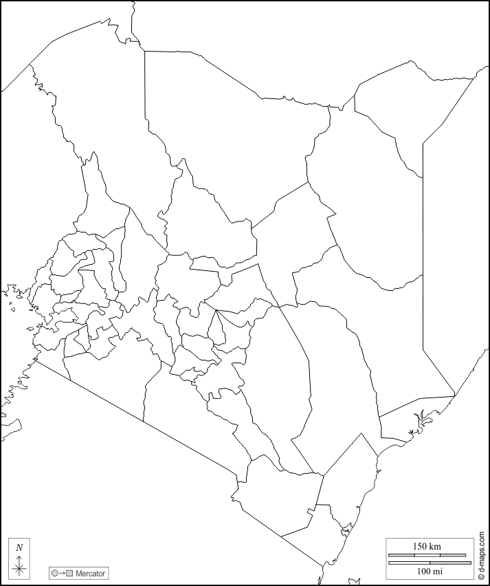 Kenya : d-maps.com: free map, free blank map, free outline map, free base map : boundaries, counties, white