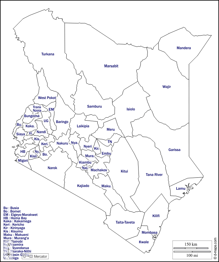 Kenya : d-maps.com: free map, free blank map, free outline map, free base map : outline, counties, names, white