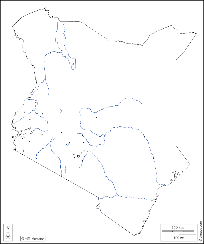 Kenya : d-maps.com: free map, free blank map, free outline map, free base map : outline, hydrography, main cities, white