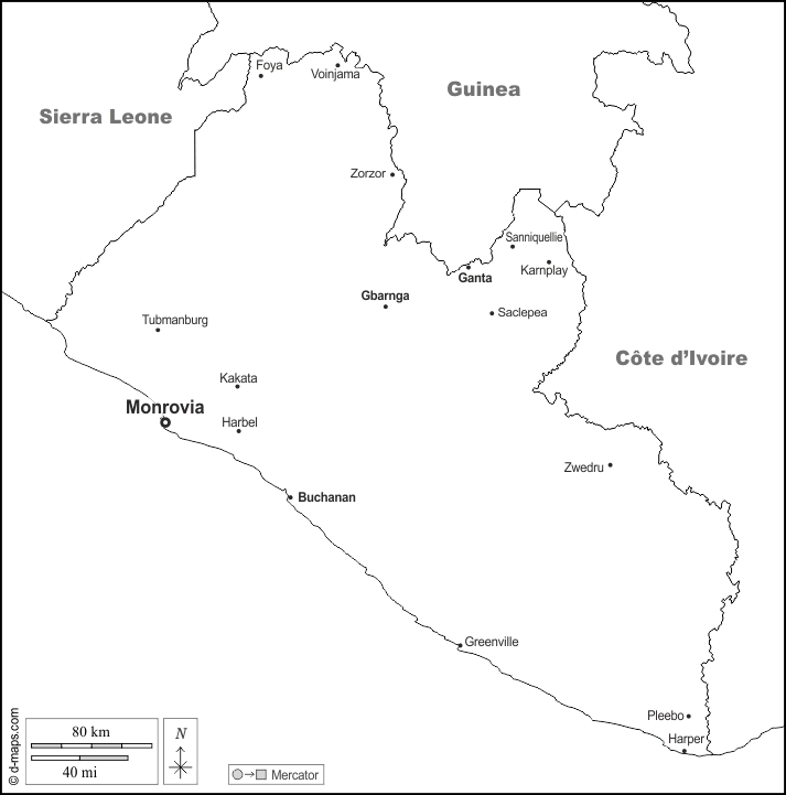 Liberia : d-maps.com: free map, free blank map, free outline map, free base map : boundaries, main cities, names, white
