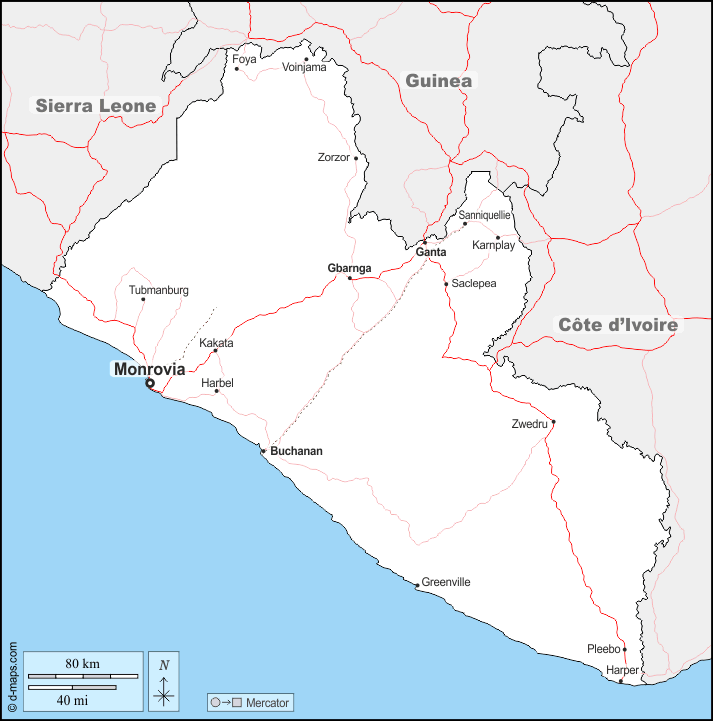 Liberia : d-maps.com: Kostenlose Karten, kostenlose stumme Karte, kostenlose unausgefüllt Landkarte, kostenlose hochauflösende Umrisskarte : Grenzen, Wichtige Städte, Straßen, Namen