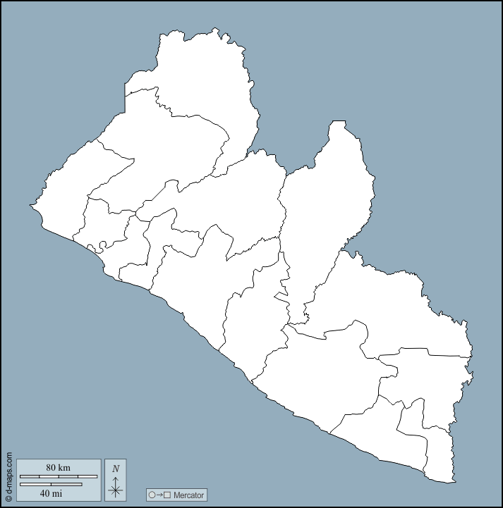 Liberia : d-maps.com: free map, free blank map, free outline map, free base map : outline, counties