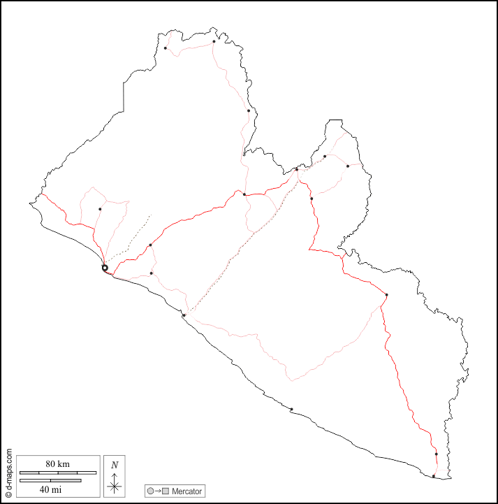 Liberia : d-maps.com: free map, free blank map, free outline map, free base map : outline, main cities, roads, white