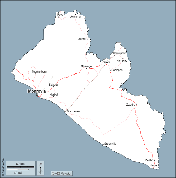 Liberia : d-maps.com: free map, free blank map, free outline map, free base map : outline, main cities, roads, names
