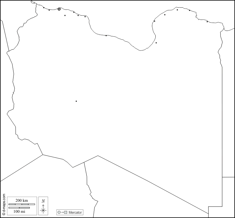ليبيا : خريطة مجانية, خريطة خاليه من الفراغ, خريطة الخطوط العريضة, خريطة القاعدة الحرة
 : حدود, المدن الرئيسية, أبيض
