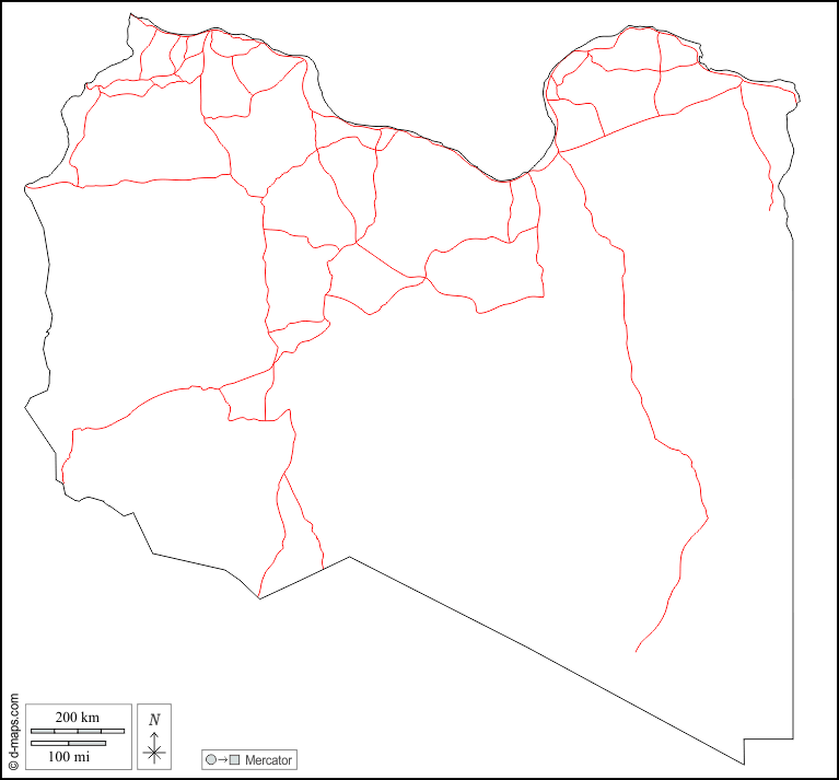 Libye : d-maps.com: carte géographique gratuite, carte géographique muette gratuite, carte vierge gratuite, fond de carte gratuit, formats graphiques courants : contours, routes, blanc