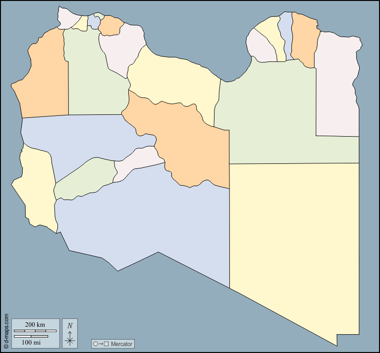 Libia : d-maps.com: mappa gratuita, mappa muta gratuita, cartina muta gratuita : contorni, divisioni, colore