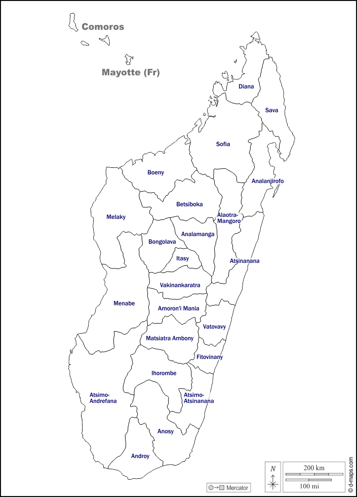 Madagascar : d-maps.com: mapa gratuito, mapa mudo gratuito, mapa en blanco gratuito, plantilla de mapa : fronteras, regiones, nombres, blanco
