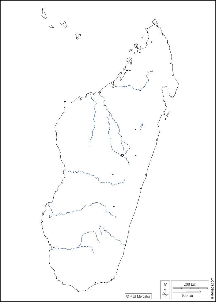 Madagascar : d-maps.com: mapa gratuito, mapa mudo gratuito, mapa en blanco gratuito, plantilla de mapa : fronteras, hidrografía, principales ciudades, blanco