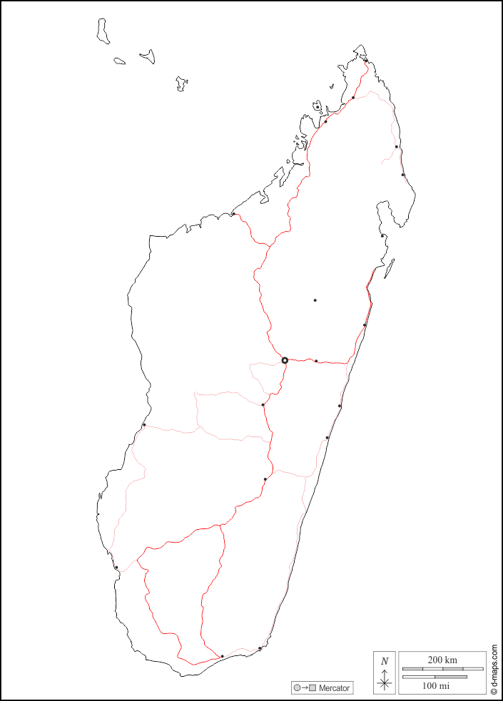 Madagascar : d-maps.com: mapa gratuito, mapa mudo gratuito, mapa en blanco gratuito, plantilla de mapa : fronteras, principales ciudades, carreteras, blanco