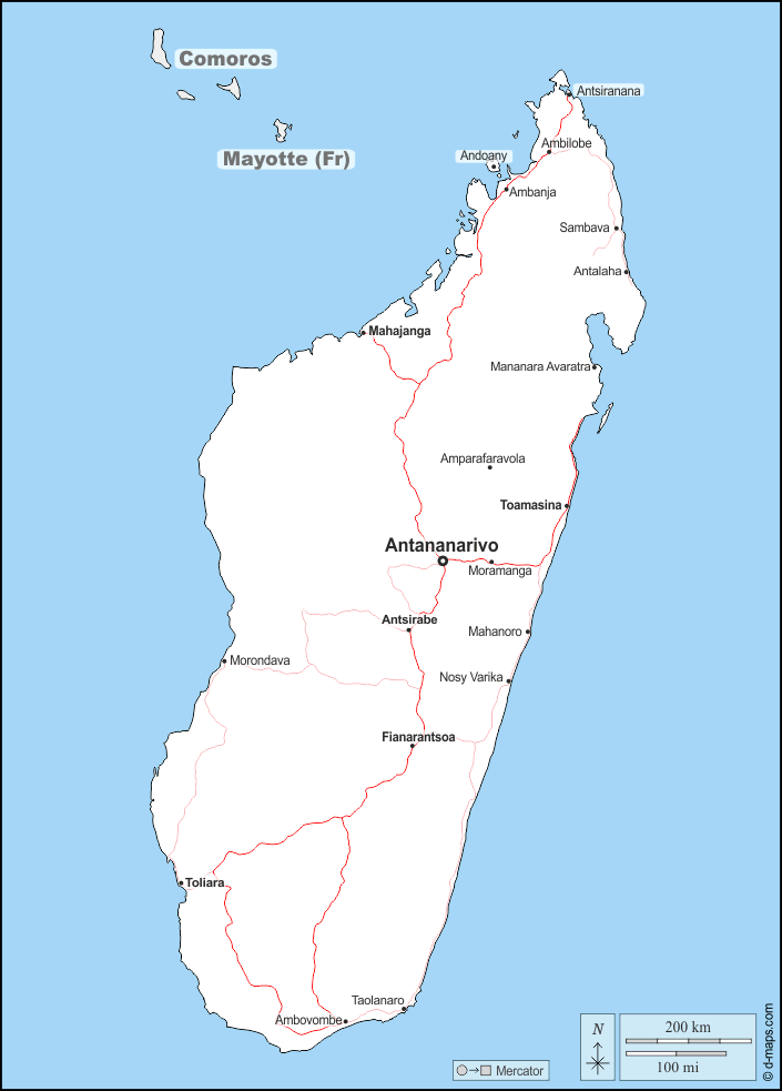 Madagascar : d-maps.com: mapa gratuito, mapa mudo gratuito, mapa en blanco gratuito, plantilla de mapa : fronteras, principales ciudades, carreteras, nombres