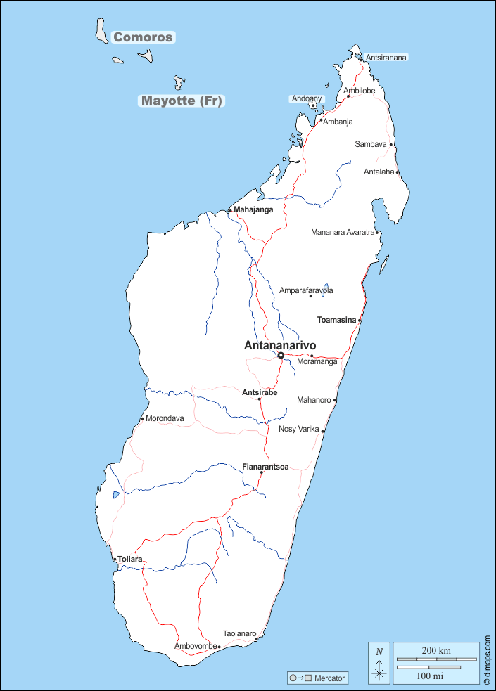 Madagascar : d-maps.com: mapa gratuito, mapa mudo gratuito, mapa en blanco gratuito, plantilla de mapa : fronteras, hidrografía, principales ciudades, carreteras, nombres