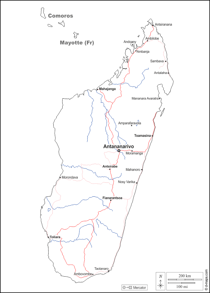 Madagascar : d-maps.com: mapa gratuito, mapa mudo gratuito, mapa en blanco gratuito, plantilla de mapa : fronteras, hidrografía, principales ciudades, carreteras, nombres, blanco