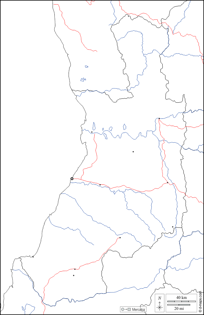 梅纳贝大区 : d-maps.com: 免费地图, 免费的空白地图, 免费的轮廓地图, 免费基地地图 : 边界, 水文学, 主要城市, 道路, 白