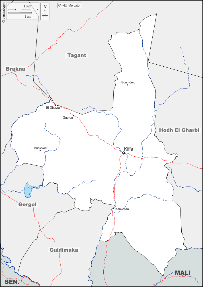 Assaba : d-maps.com: mapa gratuito, mapa mudo gratuito, mapa en blanco gratuito, plantilla de mapa : fronteras, hidrografía, principales ciudades, carreteras, nombres