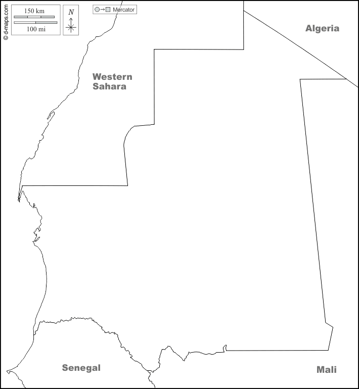 موريتانيا : خريطة مجانية, خريطة خاليه من الفراغ, خريطة الخطوط العريضة, خريطة القاعدة الحرة
 : حدود, أسماء, أبيض