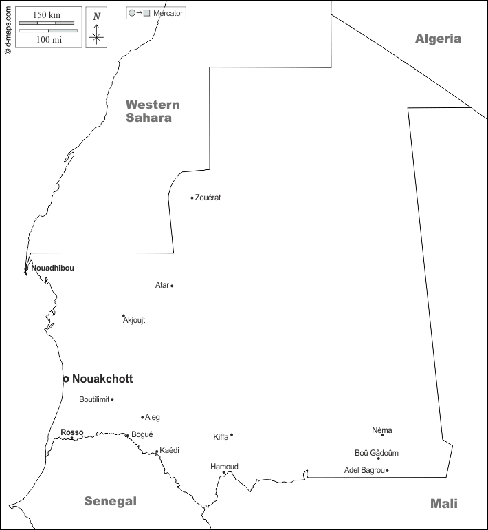 Мавритания : d-maps.com: Бесплатная карта, бесплатная карта, свободная карта, Бесплатная базовая карта
 : границы, Главные города, имена, Белый