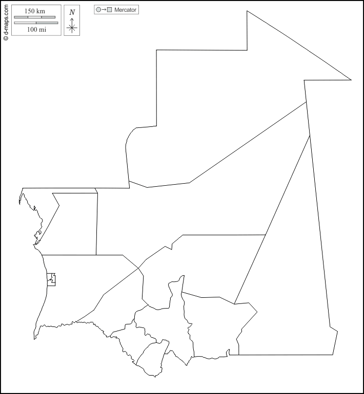 Mauritania : d-maps.com: free map, free blank map, free outline map, free base map : outline, regions, white