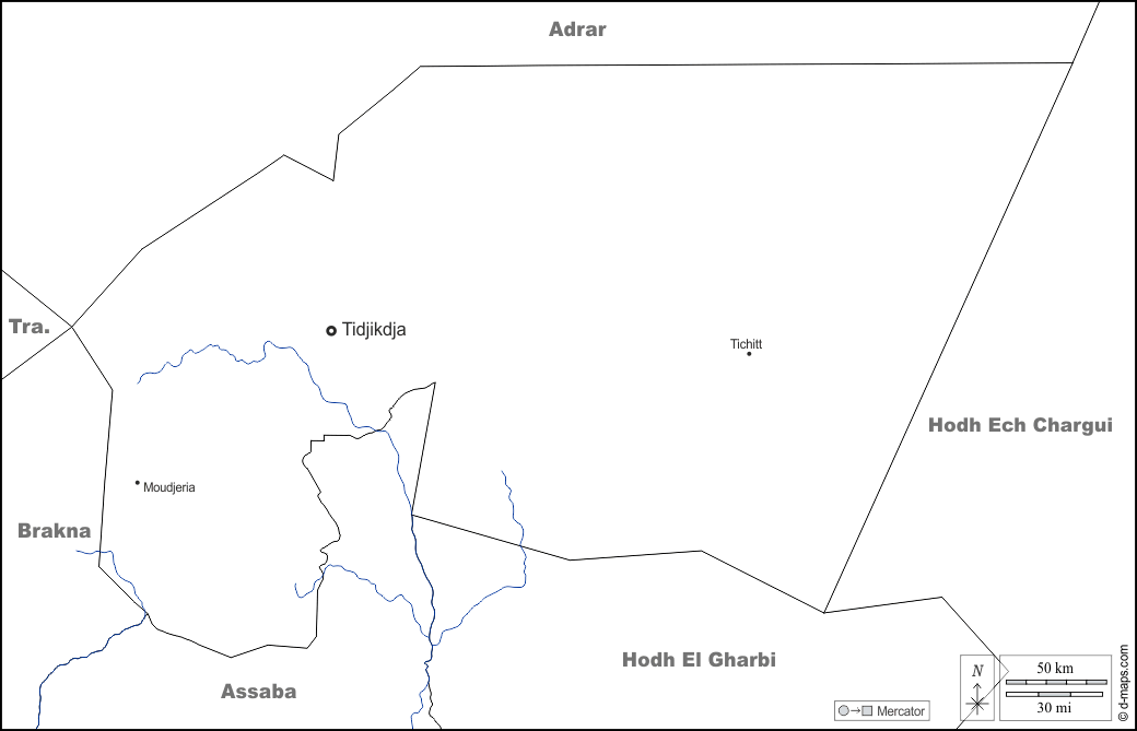 Tagant : d-maps.com: mappa gratuita, mappa muta gratuita, cartina muta gratuita : frontiere, idrografia, principali città, nomi, bianco