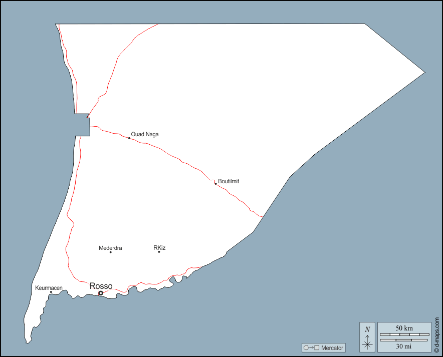 Trarza : d-maps.com: mappa gratuita, mappa muta gratuita, cartina muta gratuita : contorni, principali città, strade, nomi