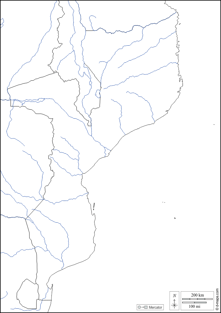 Moçambique : d-maps.com: mapa livre, mapa em branco livre, mapa livre do esboço, mapa básico livre
 : fronteiras, hidrografia, branco