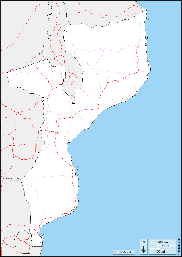 莫桑比克 : d-maps.com: 免费地图, 免费的空白地图, 免费的轮廓地图, 免费基地地图 : 边界, 道路