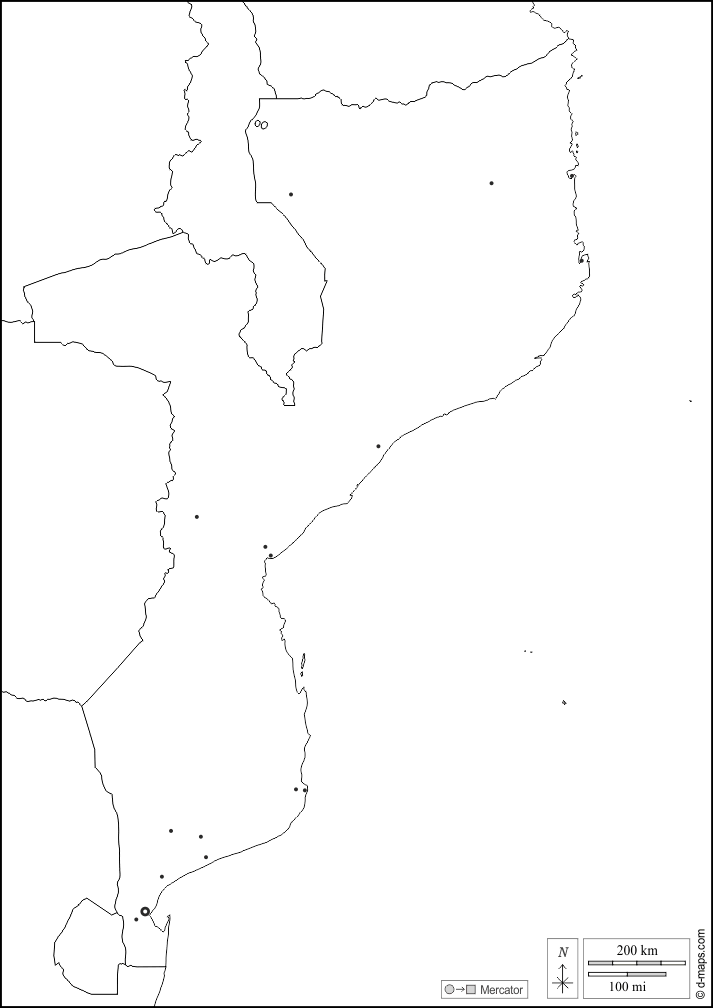 莫桑比克 : d-maps.com: 免费地图, 免费的空白地图, 免费的轮廓地图, 免费基地地图 : 边界, 主要城市, 白