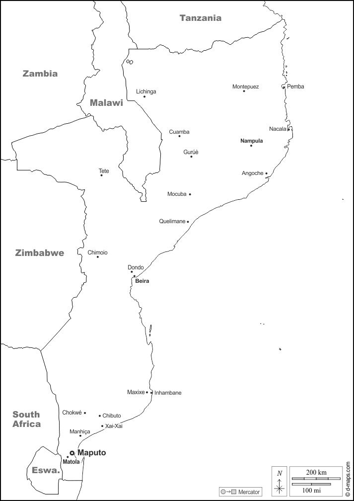 Mosambik : d-maps.com: Kostenlose Karten, kostenlose stumme Karte, kostenlose unausgefüllt Landkarte, kostenlose hochauflösende Umrisskarte : Grenzen, Wichtige Städte, Namen, weiß