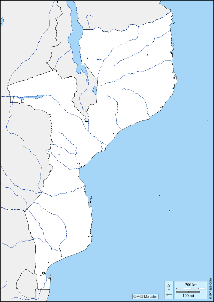 Mosambik : d-maps.com: Kostenlose Karten, kostenlose stumme Karte, kostenlose unausgefüllt Landkarte, kostenlose hochauflösende Umrisskarte : Grenzen, Hydrografie, Wichtige Städte