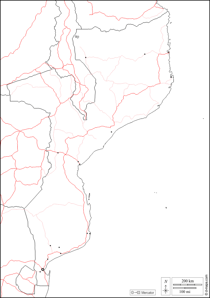 モザンビーク : d-maps.com: 無料地図, 無料の空の地図, 無料のアウトラインマップ, 無料のベースマップ
 : 境界, 主要都市, 道路, 白い