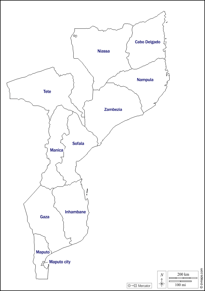 Мозамбик : d-maps.com: Бесплатная карта, бесплатная карта, свободная карта, Бесплатная базовая карта
 : контур, провинциях, имена, Белый