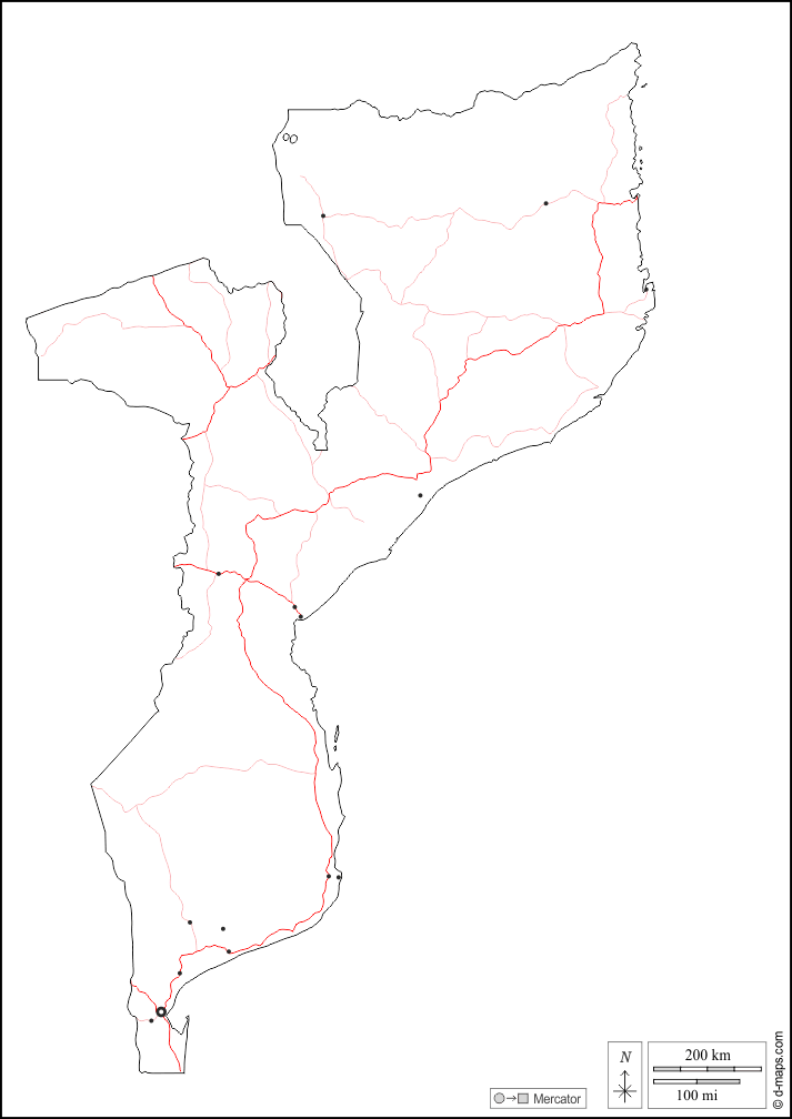 Mozambique : d-maps.com: mapa gratuito, mapa mudo gratuito, mapa en blanco gratuito, plantilla de mapa : contornos, principales ciudades, carreteras, blanco