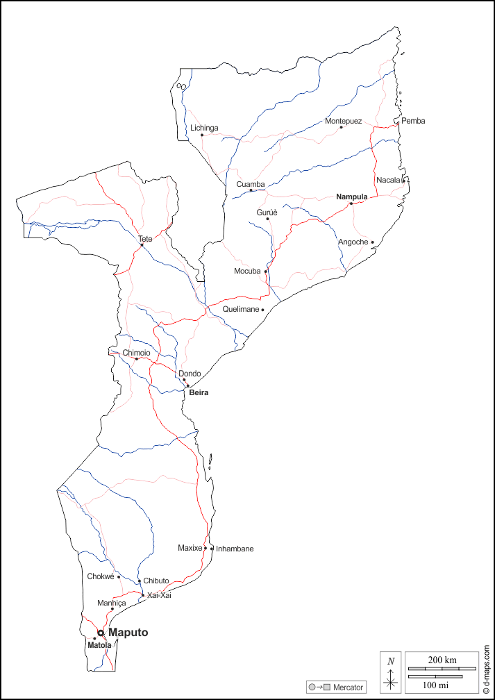 莫桑比克 : d-maps.com: 免费地图, 免费的空白地图, 免费的轮廓地图, 免费基地地图 : 大纲, 水文学, 主要城市, 道路, 名称, 白