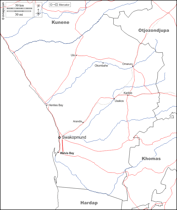 Erongo : d-maps.com: mapa gratuito, mapa mudo gratuito, mapa en blanco gratuito, plantilla de mapa : fronteras, hidrografía, principales ciudades, carreteras, nombres, blanco