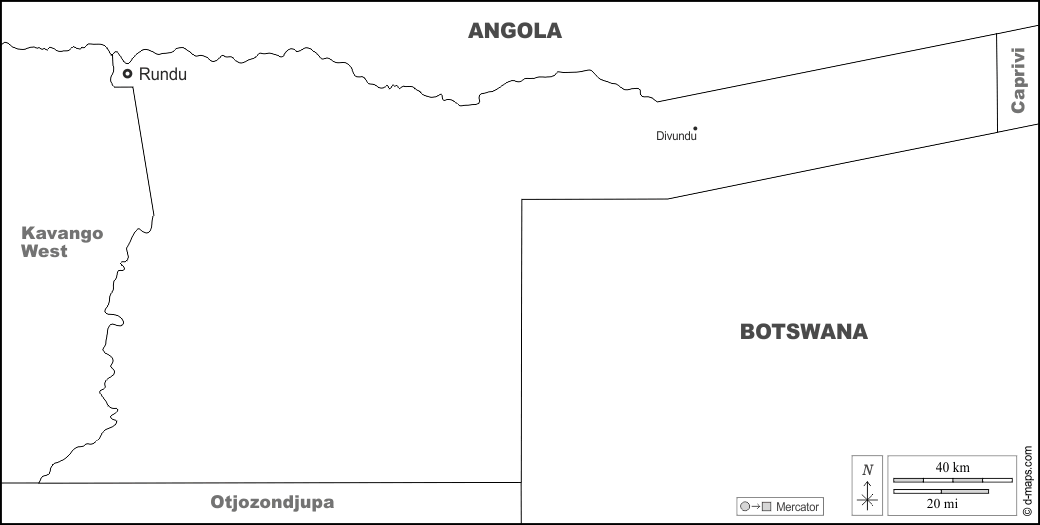 Kavango-Ost : d-maps.com: Kostenlose Karten, kostenlose stumme Karte, kostenlose unausgefüllt Landkarte, kostenlose hochauflösende Umrisskarte : Grenzen, Wichtige Städte, Namen, weiß
