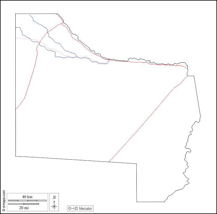 西カバンゴ州 : d-maps.com: 無料地図, 無料の空の地図, 無料のアウトラインマップ, 無料のベースマップ
 : 輪郭, 川と湖, 道路, 白い