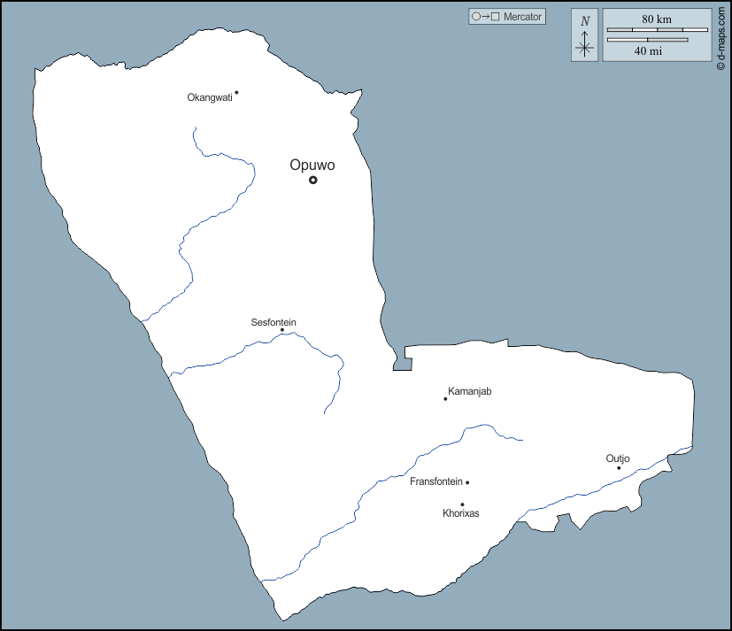 Kunene : d-maps.com: carte géographique gratuite, carte géographique muette gratuite, carte vierge gratuite, fond de carte gratuit, formats graphiques courants : contours, hydrographie, principales villes, noms